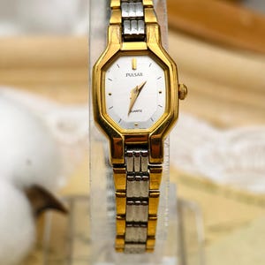 Vintage 1990s Pulsar Ladies Quartz Two Tone Gold Stainless Watch