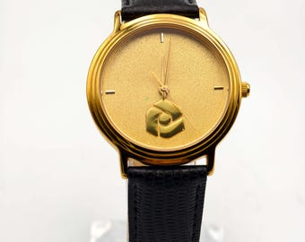 Jostens Gold Tone Quartz Watch Black Leather Strap 34mm