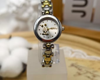 Montre à quartz pour femme Disney vintage des années 1990, bracelet bicolore Mickey Mouse