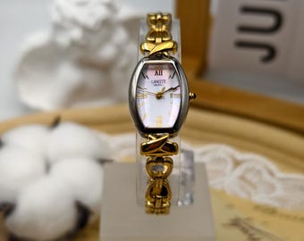 Vintage 1990s Lancetti Ladies Quartz Two Tone Watch Mother of Pearl Dial Heart Bracelet