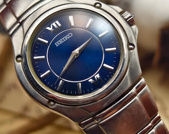 Vintage Seiko damklocka från 1990-talet, kvartsur i rostfritt stål, blå urtavla, 29,0 mm