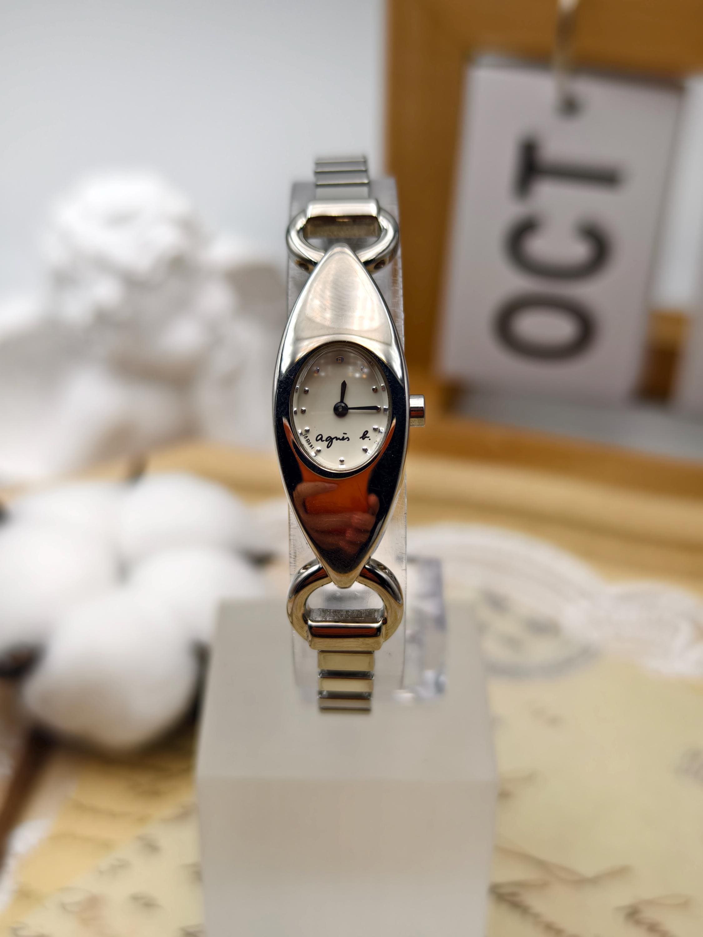 Vintage Agnes B. Silver Tone Teardrop Watch, Ladies Stretch