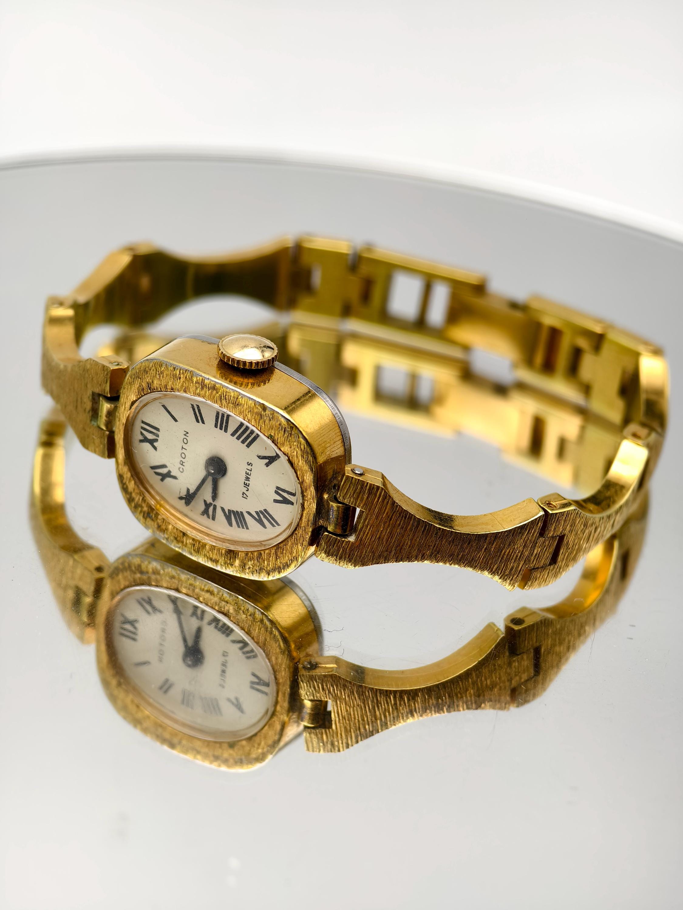 Montre Bracelet Pour Femme Croton Vintage - Mouvement 17 Bijoux - Boîtier Plaqué Or - Occasion Avec Traces D'usage