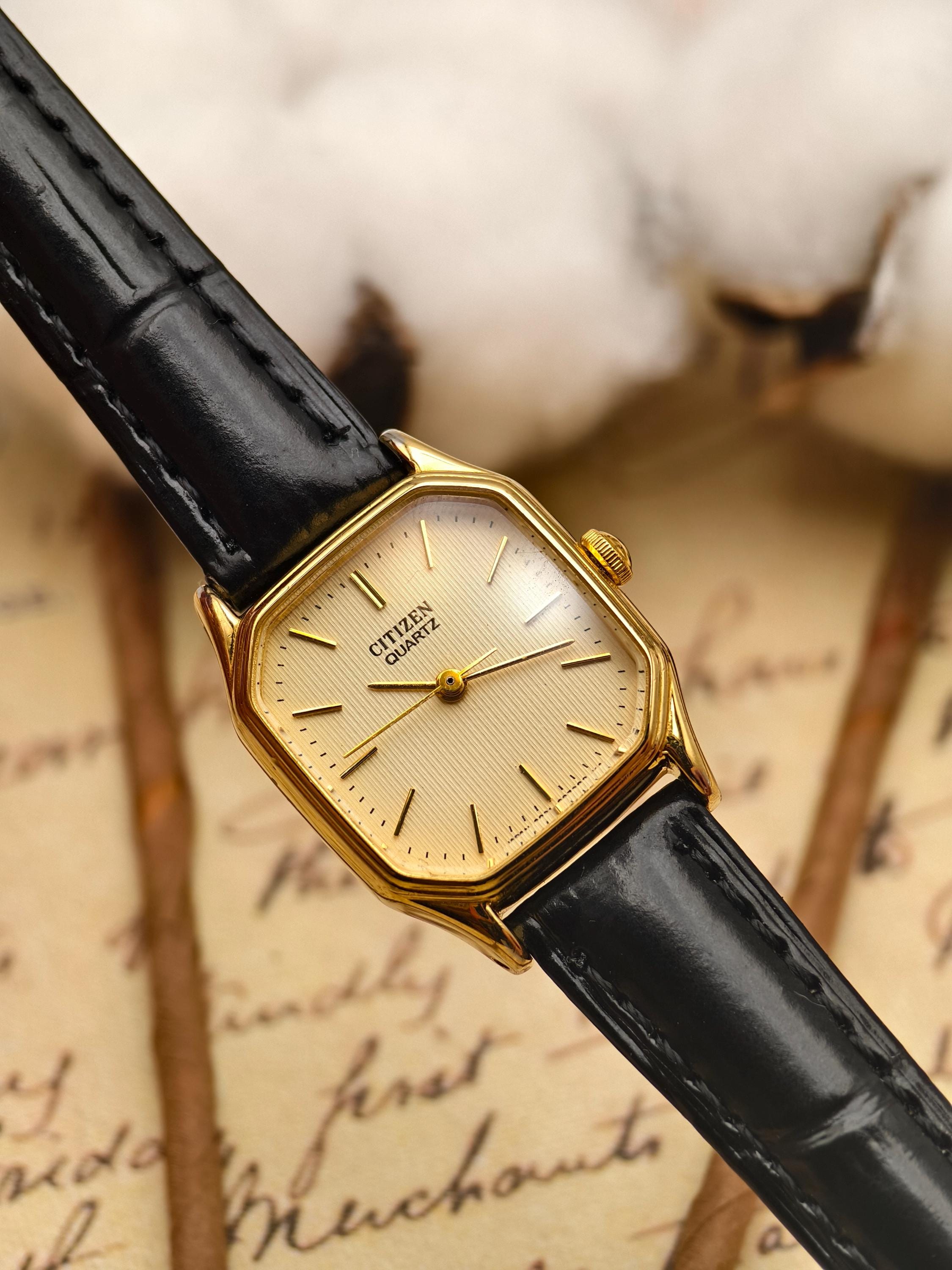 Citizen Watch Co. Black Square Face Gold Accents Quartz Watch with Leather Strap Vintage Gold Watch Citizen Quartz Timeless Watch CQ With Day  main image 3