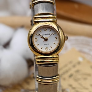Vintage 1990s Gruen Ladies Quartz Watch Two-Tone White Dial Bracelet 22.8mm