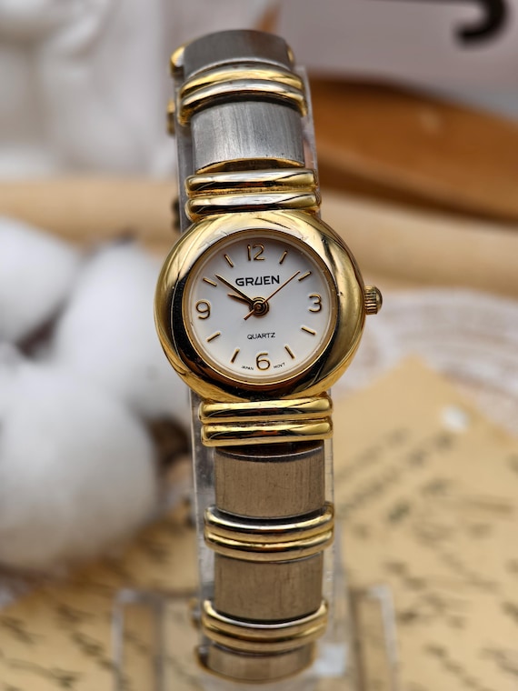 Vintage 1990s Gruen Ladies Quartz Watch Two-tone White Dial