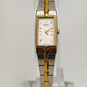 Vintage 1980s Seiko Ladies Quartz Watch Two Tone Rectangular Case 11mm