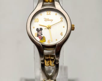 Klasyczny damski zegarek kwarcowy Disney z lat 90. XX wieku z dwukolorową bransoletą z Myszką Miki, 21,8 mm