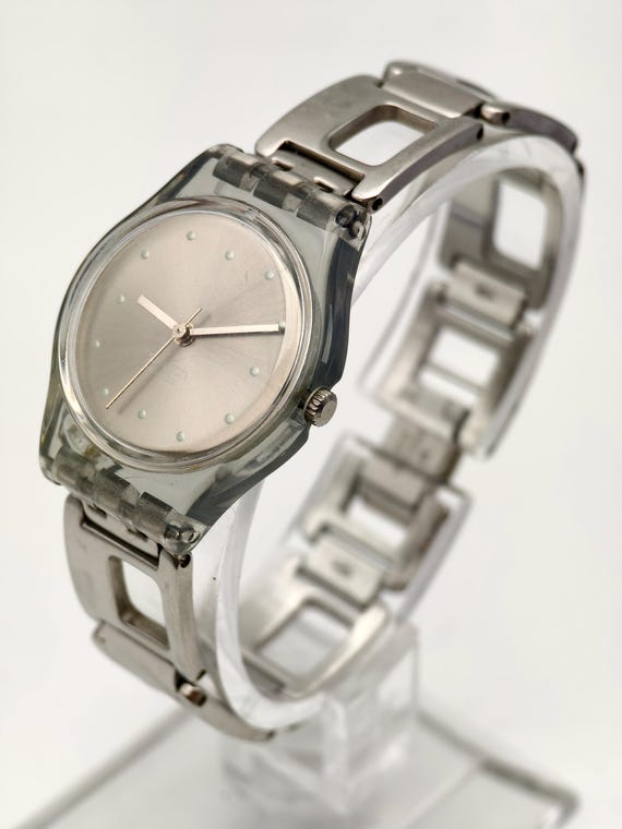 Vintage Swatch Ladies Transparent Quartz Watch 25mm Skeleton Case Stainless Band