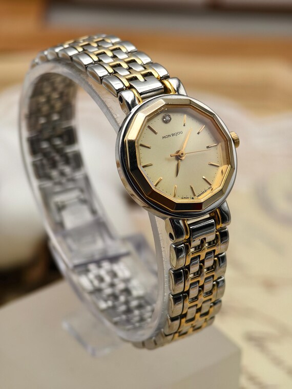 Vintage Orient Mon Bijou Ladies Quartz Two-Tone Watch Octagonal Gold Dial View 4