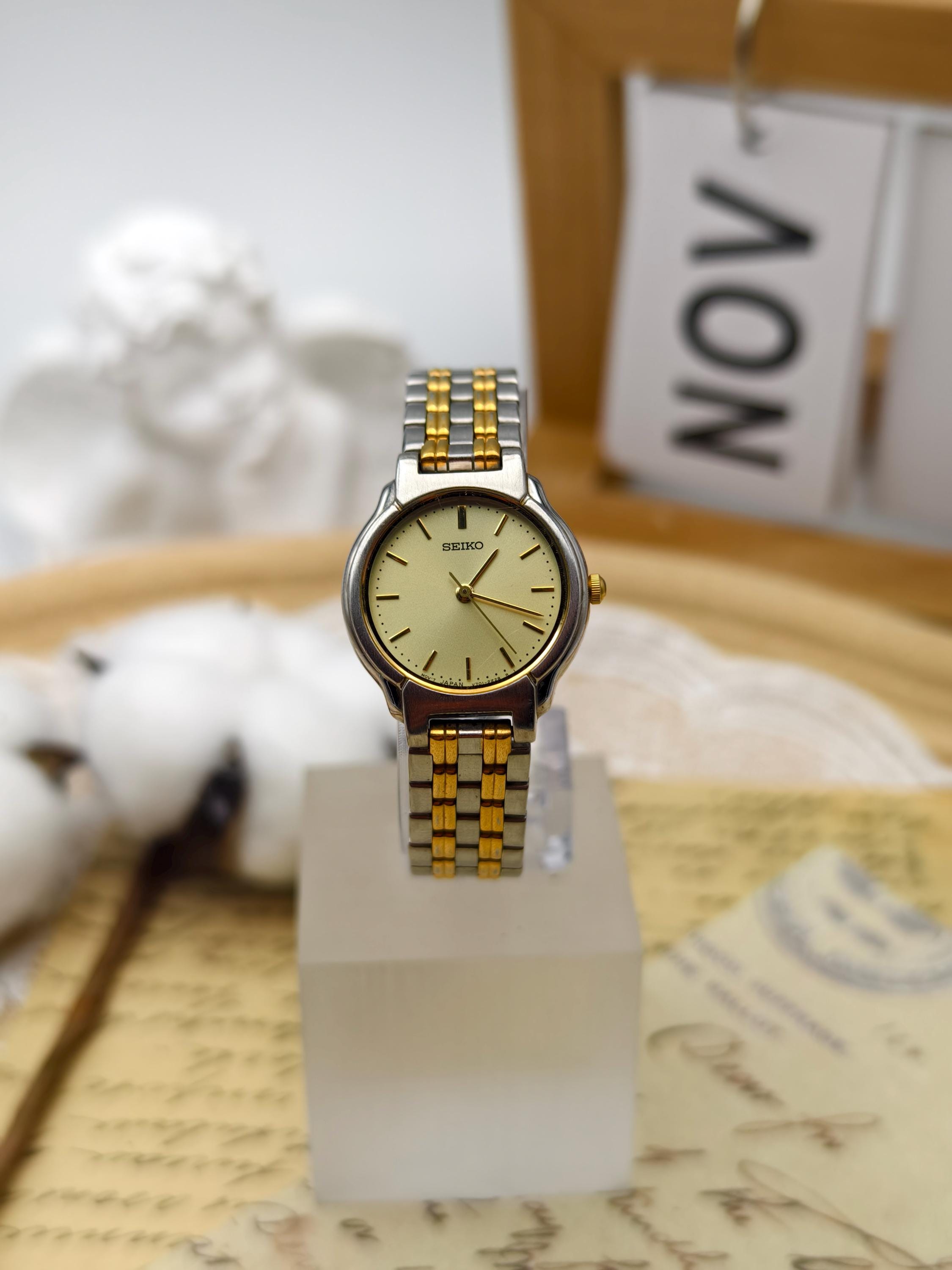 Vintage 1990s Seiko Ladies Quartz Two-tone Watch With Gold Dial