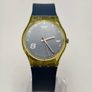 Vintage 1997 Swatch Swiss Snowpass Quartz Watch Yellow Case Blue Strap