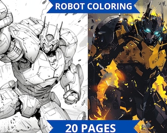 Robot coloring book, 20 pages, manga style coloring pages for children and adults, instant download, printable PDF.