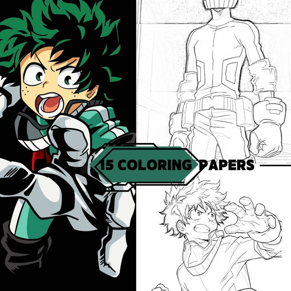 Coloring pages from the manga My hero academia, 15 pages, coloring pages for children and adults, immediate download, printable PDF.