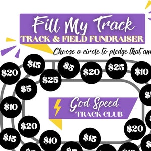 Może przedstawiać: Fioletowo-żółty plakat z tekstem "Fill My Track" i "Track & Field Fundraiser". Plakat przedstawia tor lekkoatletyczny z kółkami zawierającymi kwoty w dolarach na datki. Tekst "God Speed Track Club" również się znajduje.
