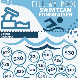 水泳とダイビングチームの印刷可能な募金活動 | プールを埋め尽くそう | Canva テンプレート、PDF、PNG + ボーナス募金トラッカー