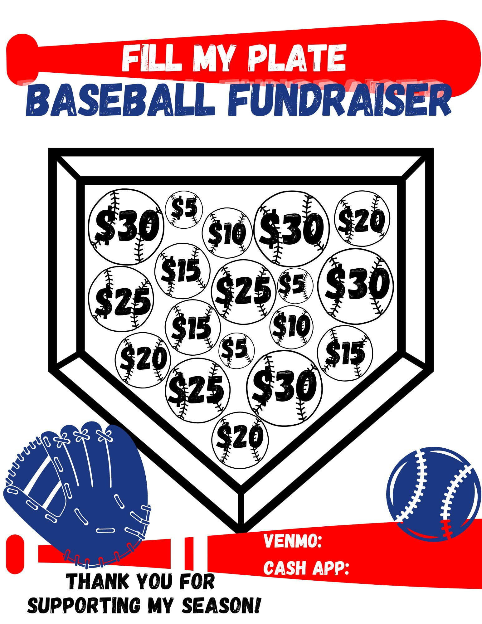 Printable Baseball Fundraiser | "Fill My Plate" Customize in Canva + PDF and PNG