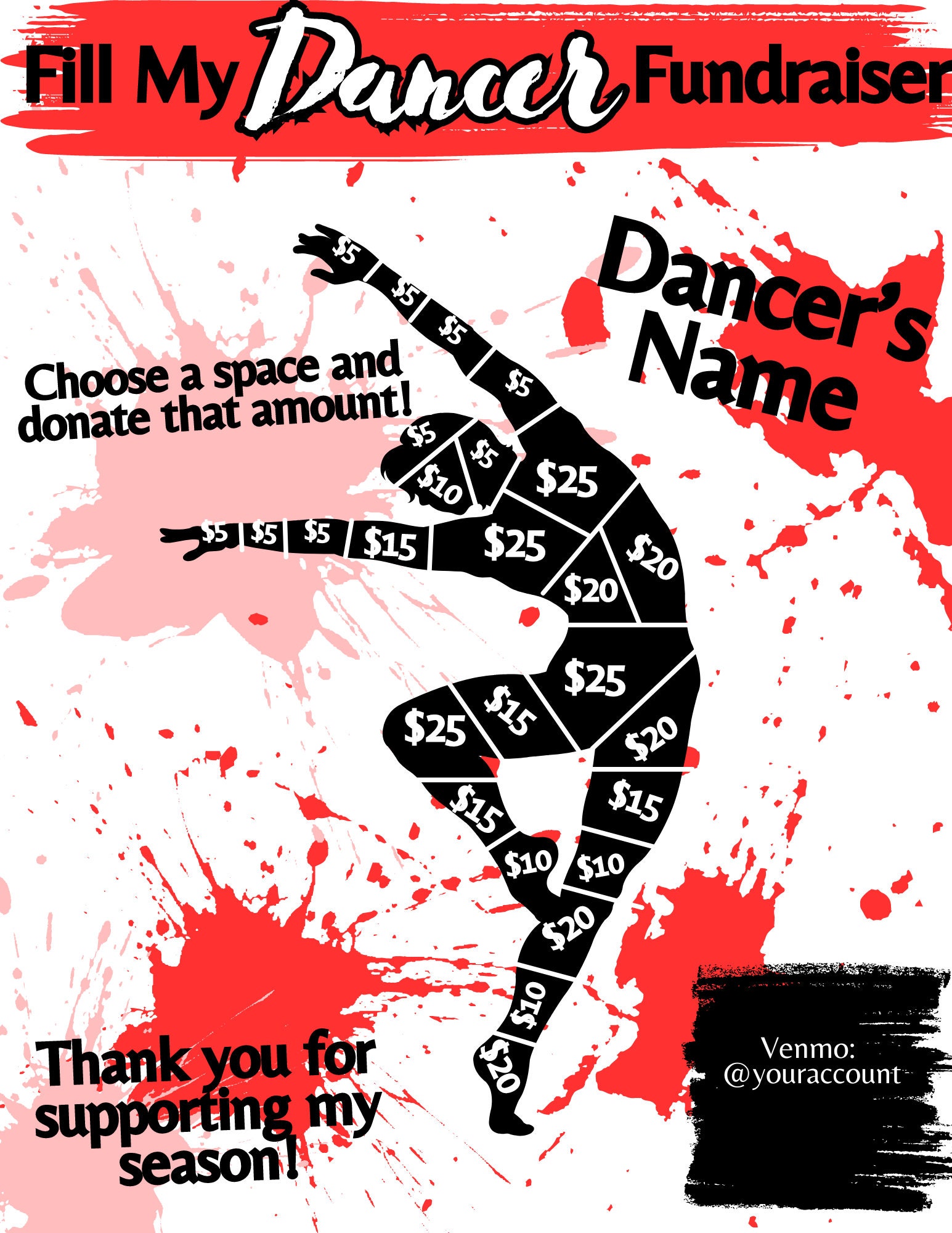 Printable Dance Fundraiser Fill My Dancer Template (canva, PDF, PNG