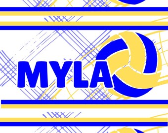May include: A graphic design featuring the names SHAWN, MYLA, and ALLYSON in bold blue letters. Each name is paired with a volleyball graphic in blue and yellow. The background has a white base with blue and yellow accents.