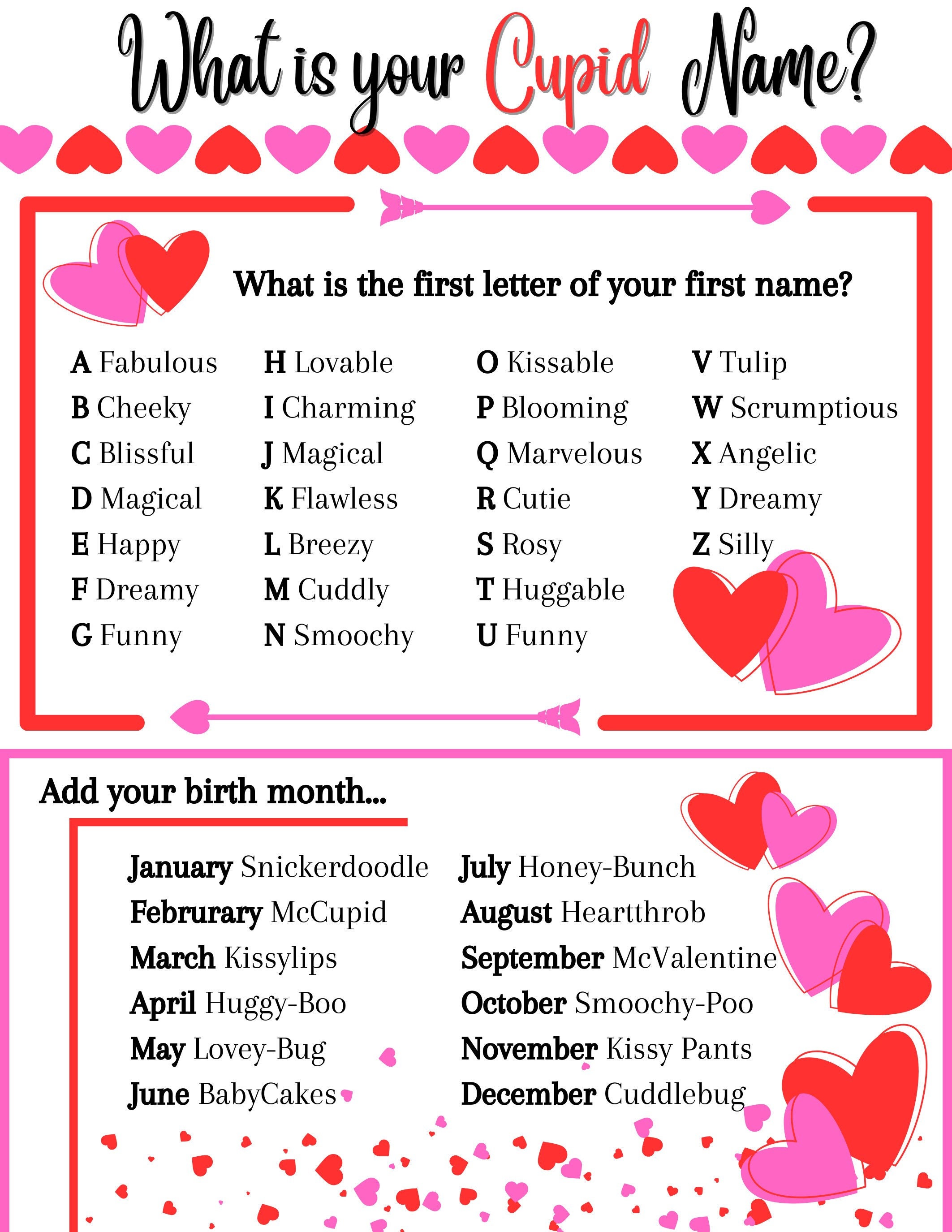 What's Your Cupid Name? Valentine Word Search | Name Game + Activity Printable for Valentine's Day Party