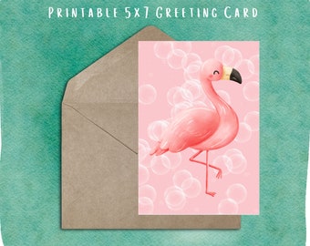 Pink Flamingo Greeting Card Printable | Digital Download Greeting Card, Blank On Inside | Last-Minute Summery Note To Say Hello or Thank You