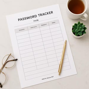 パスワードトラッカー（印刷・入力可能なPDF）｜銀行、クレジットカード、ソーシャルメディア、ウェブサイトログイン管理ツール｜デジタルパスワードキーパー