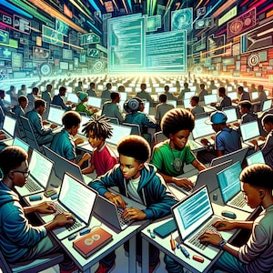 Könnte beinhalten: Eine digitale Illustration eines Raumes voller Menschen mit unterschiedlichen Hautfarben, die Laptops benutzen. Die Personen sind alle leger gekleidet und konzentrieren sich auf ihre Bildschirme. Der Hintergrund ist ein farbenfrohes abstraktes Design mit Codezeilen.