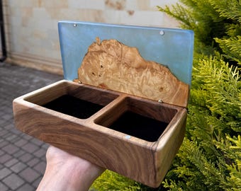 Handmade Wooden Box with Blue Epoxy Resin Inlay, Unique Jewelry Storage, Rustic Keepsake Box, Gift for Him or Her, Decorative Home Accent