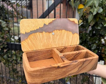 Handmade Wooden Jewelry Box with Gray Epoxy Resin Inlay - Rustic Keepsake Box, Perfect Gift for Couples, Weddings, Anniversaries