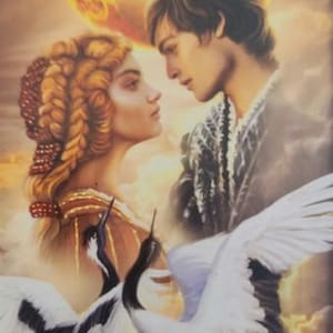 May include: A tarot card illustration featuring a couple gazing at each other, with a large celestial body in the background. Two cranes are in the foreground. The Roman numeral VI is at the top.