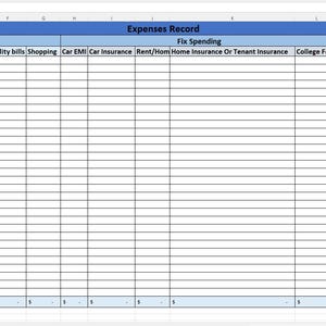 Könnte beinhalten: Eine Tabelle mit dem Titel "Expenses Record" mit Spalten für Datum, Tag und verschiedene Ausgabenkategorien wie Lebensmittel, Transport und Miete. Die Tabelle ist in einem Rasterformat mit Zeilen für jeden Tag organisiert.