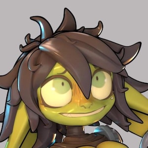 May include: A cartoon character with green skin, brown hair, and large, wide eyes. The character has a mischievous smile and is wearing a yellow and brown outfit.