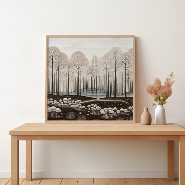 Pilz Wald Gemälde | Waldlandschaft Poster | Horizontale Landschaftsmalerei | Herunterladbare Wandkunst | Druckbare Kunst | AR4:3