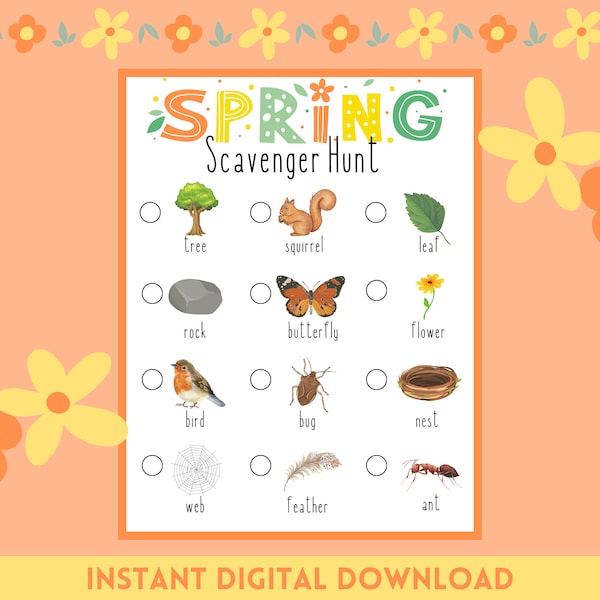 Spring Scavenger Hunt, Outdoor Activity for Kids, Printable Nature Scavenger Hunt, Spring Outdoor Games for Kids, Digital Yard Game for Kids