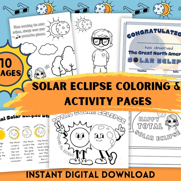 Solar Eclipse Activity Pages, Total Solar Eclipse April 2024 Printable, Kids' Solar Eclipse Coloring Pages, Solar Eclipse Activity Pack