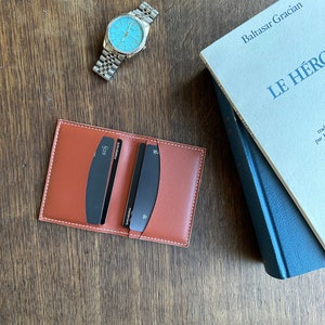 Porte-cartes brique pliable 4 emplacements en cuir de veau véritable, fait main en France