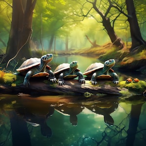 May include: Three turtles with green and brown shells are perched on a log in a serene forest setting. The turtles are reflected in the calm water below. The scene is lush with green foliage and sunlight.