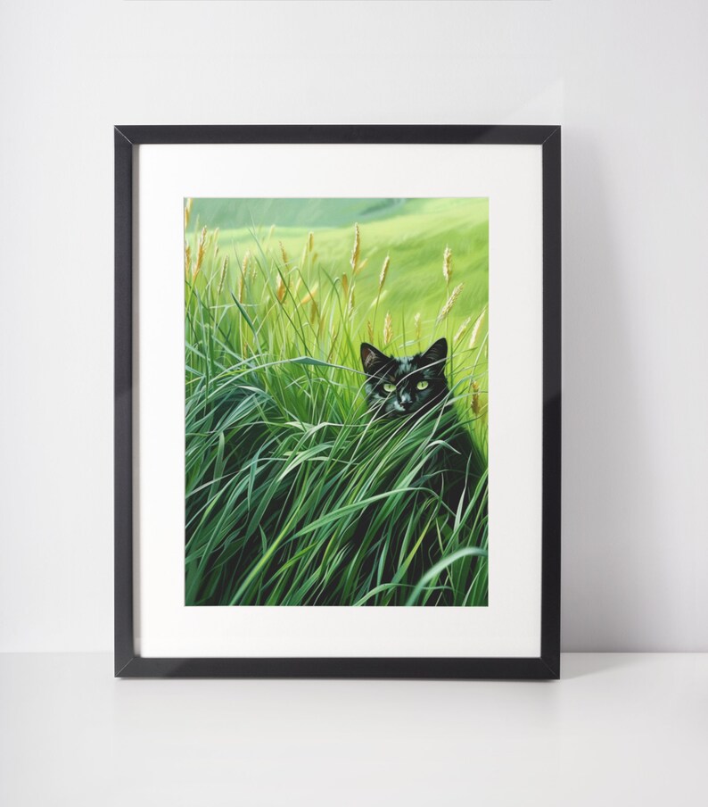Black Cat Art Print: Green Field, Whimsical Kitty Poster - Etsy