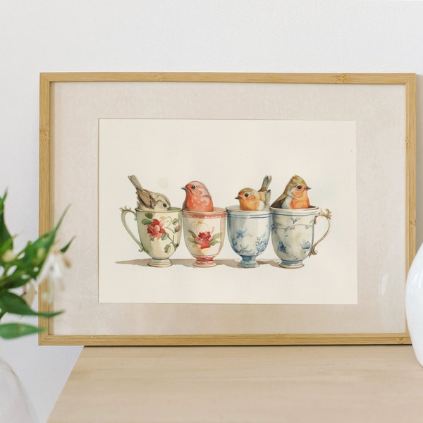 Four Birds in Tea Cups Poster, Bird Lover Gift, Pet Owner Gift, Home Decor Wall Art, Pet Lover Gift, Fun Wall Print, Cute Bird Painting