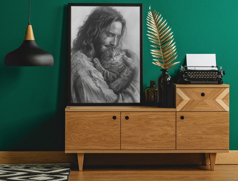 Jesus Holding a Tabby Cat Poster, Cat Print, Pet Memorial Print, Christ