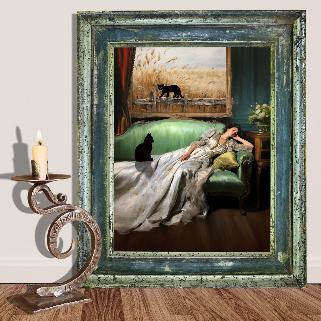 Sleeping Woman With Black Cat Poster, Funny Cat Print, Vintage Art Print, Black Cat Art, Cat