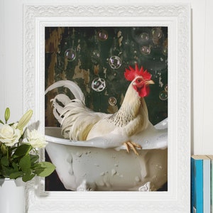 Rooster in a Tub, Chicken Lover Gift, Pet Owner Gift, Bathroom Wall Art, Pet Lover Gift, Fun Wall Print, Funny Chicken Painting, Wall Decor