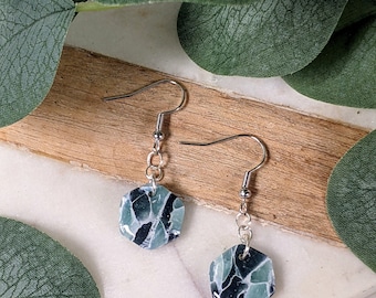 Marbled Gemstone Polymer Clay Dangle Earrings with Gold Leaf, Resin Gloss