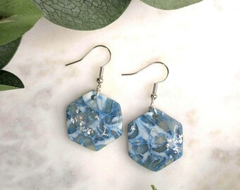Hexagon Blue Marbled Earrings with Silver Leaf