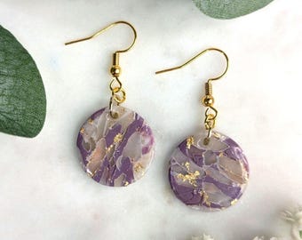 Marbled Faux Amethyst Gemstone Polymer Clay Earrings with Gold Leaf & Resin Gloss