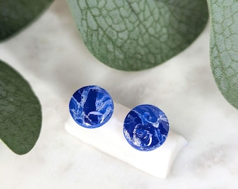 Marbled Gemstone Polymer Clay Earring Studs with Gold Leaf, Resin Gloss