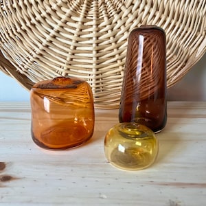Handblown set of 3 colorful glass bud vases