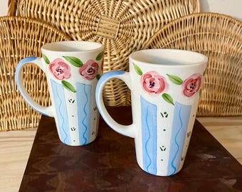 Vintage Tall Ceramic 90s mug with flowers and stripes