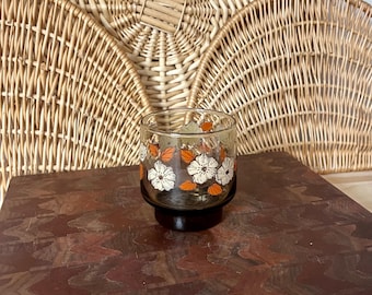gobelet à pied Libbey Tawny vintage en verre avec fleurs orange et blanches