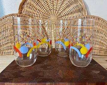 Vintage Libbey tall tumbler glass Geometric Design with Primary colors
